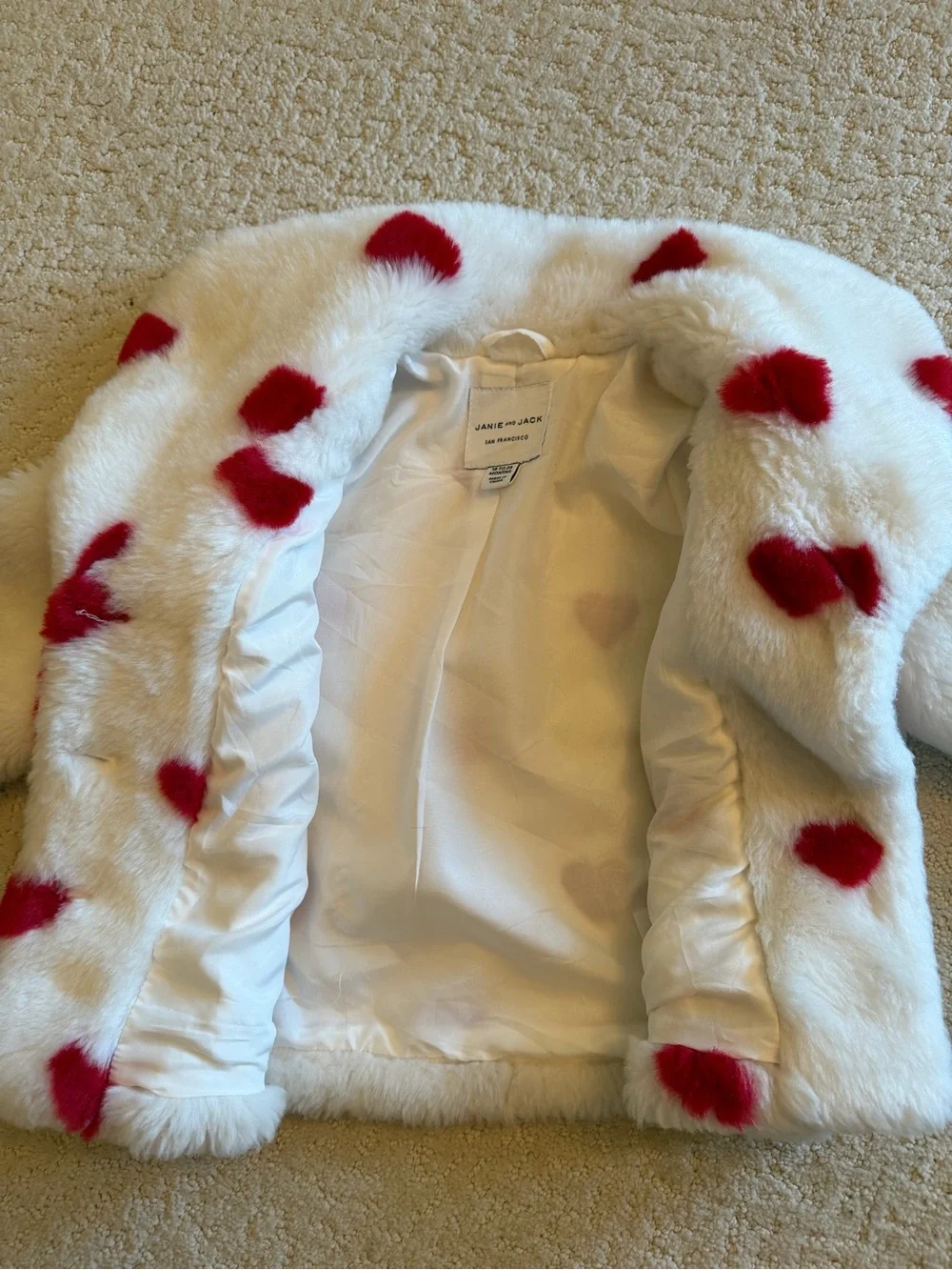 Infant Girls Janie and Jack White Faux-Fur Jacket with Red Heart Print